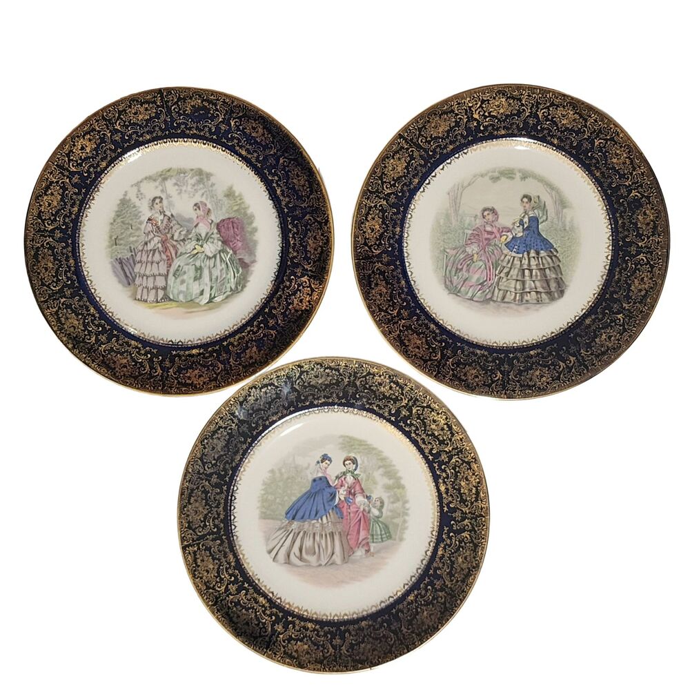 Salem China Co Imperial 3 Service Plates Ladies Dark Blue 23K Gold Made in USA